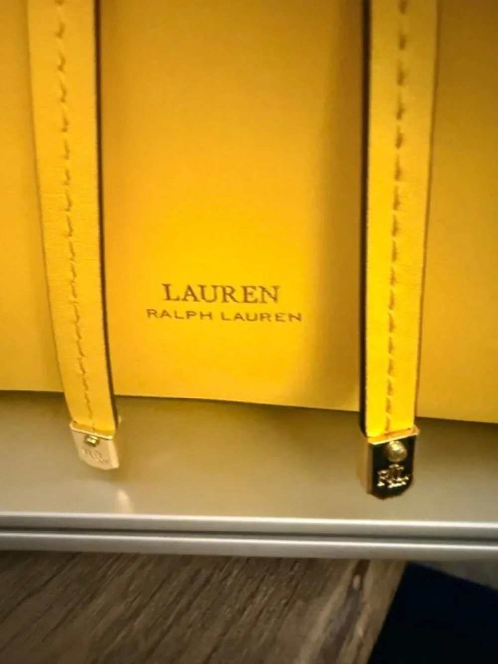 RALPH LAUREN DRAWSTRING BUCKET LEATHER BAG, DEBBY, YELLOW, PREOWNED